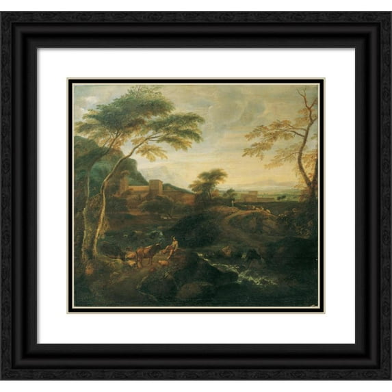 Josef Faistenberger 16x15 Black Ornate Wood Framed Double Matted Museum Art Print Titled - Landscape with Grazing Cows (1710-1720)