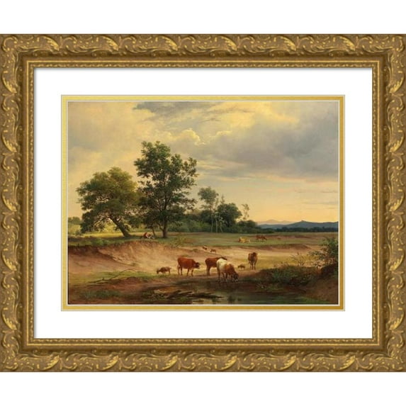Josef Feid 18x14 Gold Ornate Wood Frame and Double Matted Museum Art Print Titled - Open Landscape with Herdsman Resting Near Modling