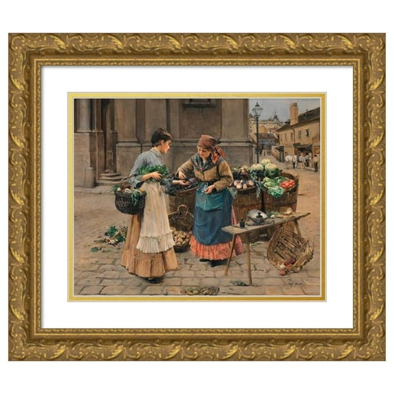 Josef Gisela 14x12 Gold Ornate Wood Frame and Double Matted Museum Art Print Titled - Scene at the Vegetable Stand (Around 1894)