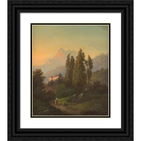 Josef Heilmaier 20x23 Black Ornate Framed Double Matted Museum Art Print Titled: Sunset Over the Tyrollean Summits (1874)