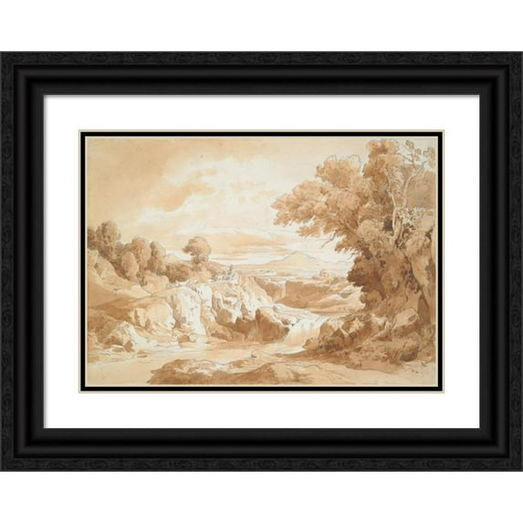 Josef Helff 24x18 Black Ornate Framed Double Matted Museum Art Print Titled: Landscape With Shepherd (19th Century)
