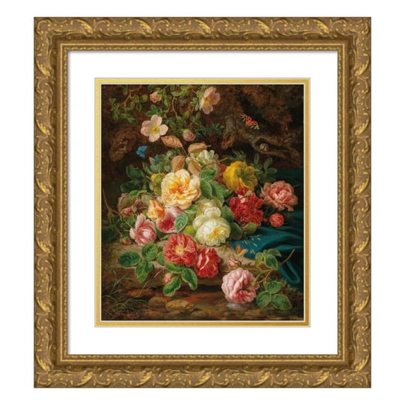 Josef Lauer 12x14 Gold Ornate Wood Frame and Double Matted Museum Art Print Titled - Still Life with Roses and Butterflies by a Brook in a Forest