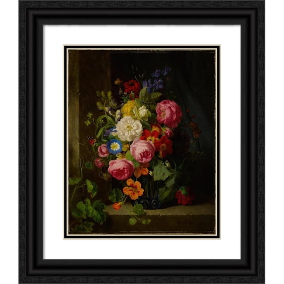 Josef Lauer 15x18 Black Ornate Wood Framed Double Matted Museum Art Print Titled - Still Life of Flowers in a Blue Crystal Vase