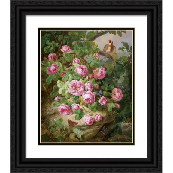 Josef Lauer 20x24 Black Ornate Framed Double Matted Museum Art Print Titled: Large Rosstill Life with Butterflies and Vogel (1870)