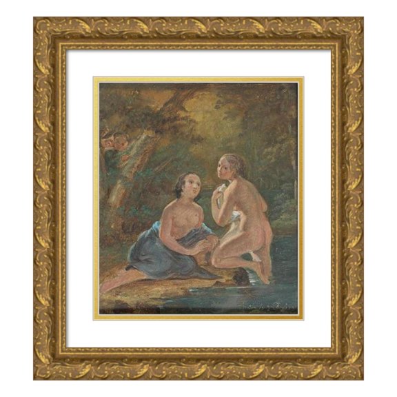 Josef Mösl 20x23 Gold Ornate Framed and Double Matted Museum Art Print Titled - A Beautiful View by a Brook in a Forest (1844)