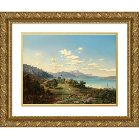 Josef Mayburger 18x14 Gold Ornate Wood Frame and Double Matted Museum Art Print Titled - A View of Steinbach Am Attersee with Unterach, Schafberg, the Drachenwand in the Background (1867)