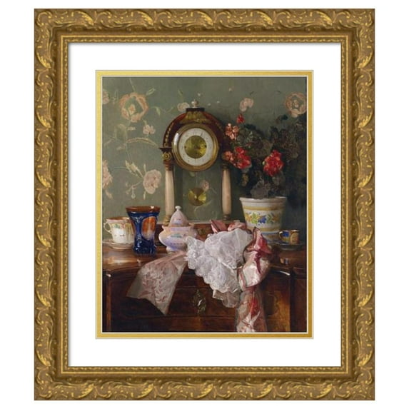 Josef Schuster 12x14 Gold Ornate Wood Frame and Double Matted Museum Art Print Titled - Antiquity Life with Fireplace Watch