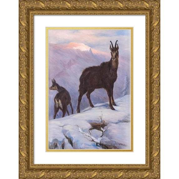 Josef Straka 18x24 Gold Ornate Framed and Double Matted Museum Art Print Titled - Two Chamois in the Winter High Mountains