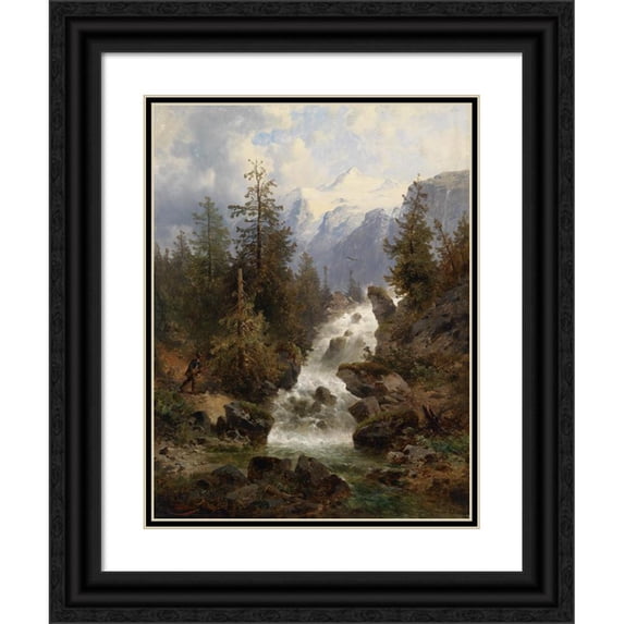 Josef Thoma 15x18 Black Ornate Wood Framed Double Matted Museum Art Print Titled - Jager on the Waterfall