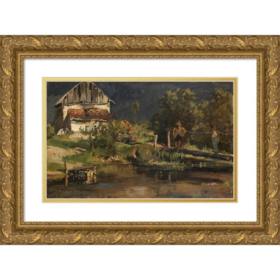 Josef Wenglein 18x13 Gold Ornate Wood Frame and Double Matted Museum Art Print Titled - At the Pond with Lime (1883)