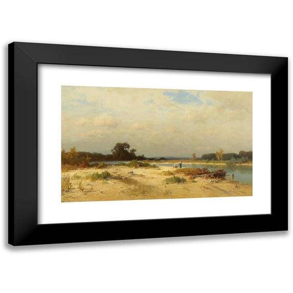 Josef Willroider 24x16 Black Modern Framed Museum Art Print Titled - Bavarian River Landscape with Women Gathering Wood