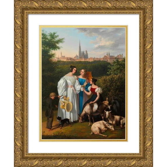 Josef Ziegler 12x14 Gold Ornate Wood Frame and Double Matted Museum Art Print Titled - Genres Scene on the Glacis with a Walker, Goat Shirt and Lottery Seller with Vienna in the Background (