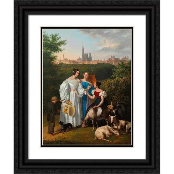Josef Ziegler 19x24 Black Ornate Framed Double Matted Museum Art Print Titled: Genres Scene on the Glacis with a Walker, Goat Shirt and Lottery Seller with Vienna in the Background