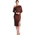 thumbnail image 1 of Josefa Asymmetric Dress - Women's Long sleeve convertible midi dress with gold zippers (Chocolate Brown), 1 of 6