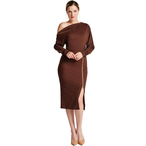Josefa Asymmetric Dress - Women's Long sleeve convertible midi dress with gold zippers (Chocolate Brown)