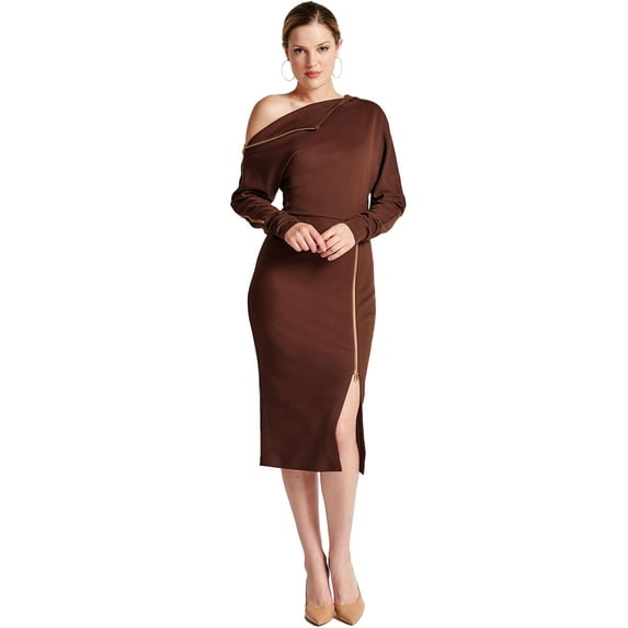 Josefa Asymmetric Dress - Women's Long sleeve convertible midi dress with gold zippers (Chocolate Brown)