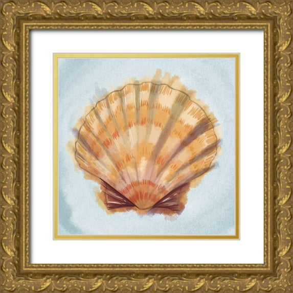 Josefina 12x12 Gold Ornate Wood Framed with Double Matting Museum Art Print Titled - Coastal Treasures on Blue III