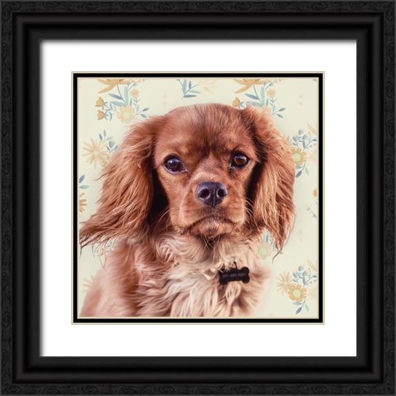 Josefina 26x26 Black Ornate Wood Framed with Double Matting Museum Art Print Titled - Florals and Spaniels