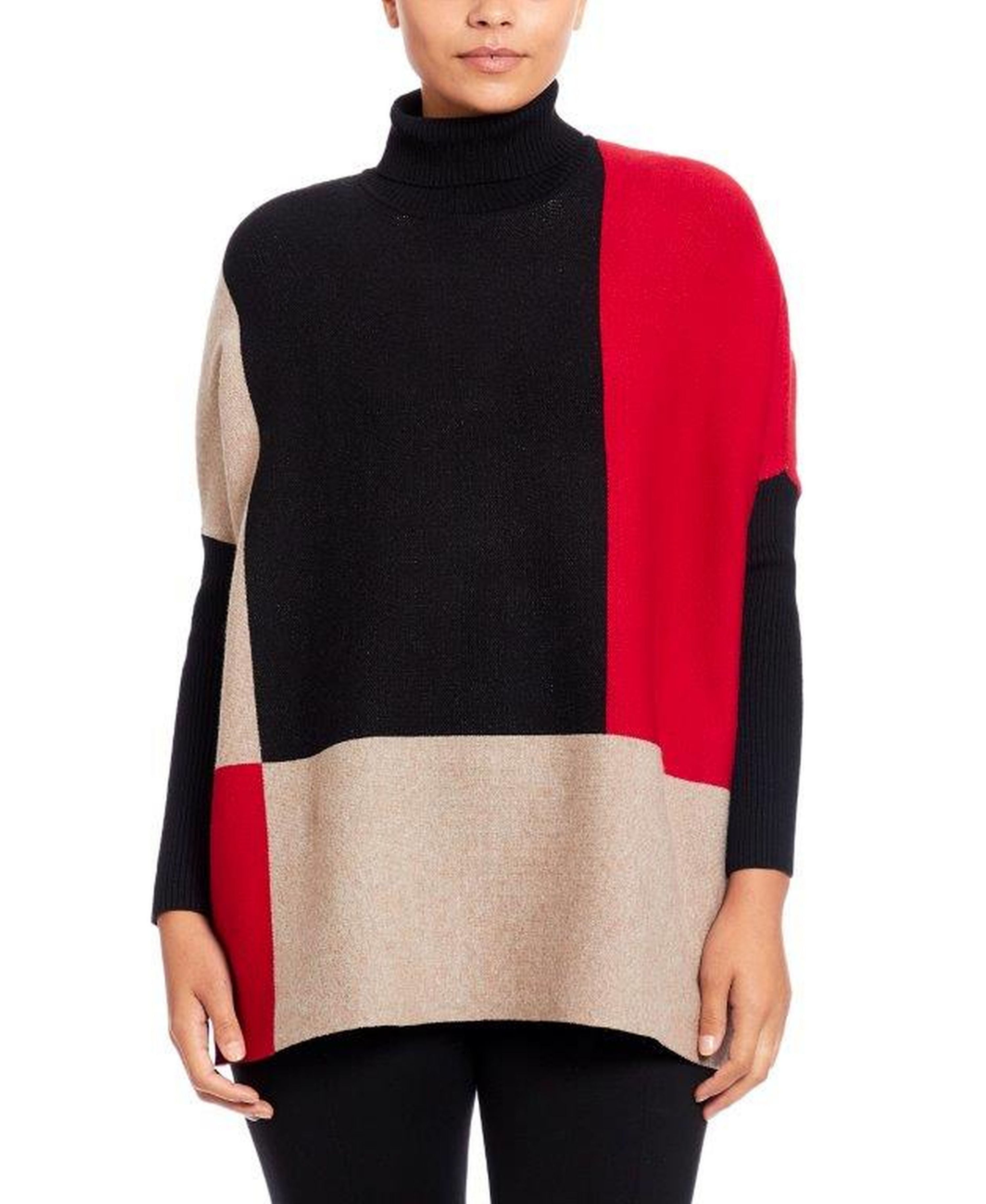 Joseph A Plaid Turtleneck Poncho Sweater Scarlet L