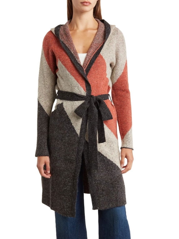 . Women's MITERED Color Block Long Sleeve Tie Front Sweater, L