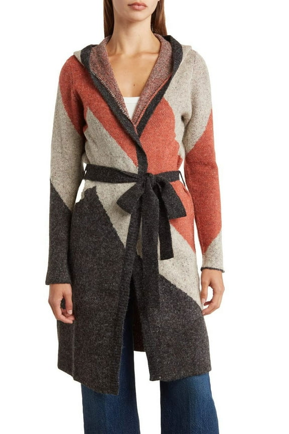 . Women's MITERED Color Block Long Sleeve Tie Front Sweater, L