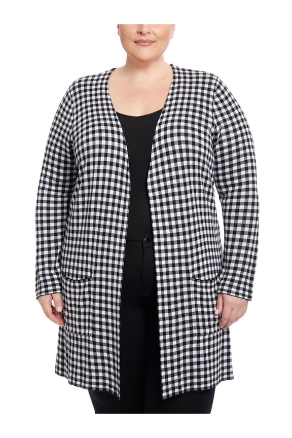 . Womens Plus Checkered Open Front Duster Sweater