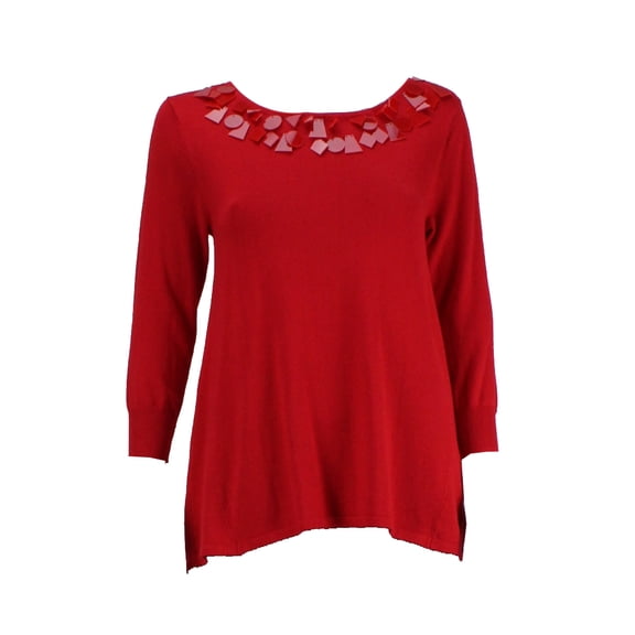 Joseph A Womens Poinsettia 3/4-Sleeve Embellished Neck Top S