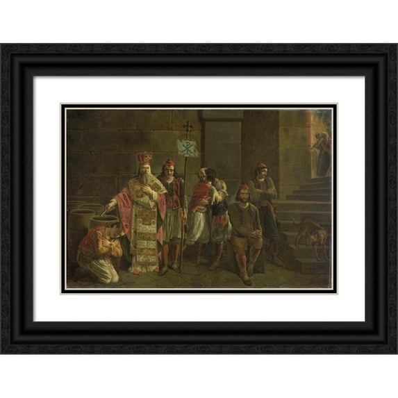 Joseph-Denis Odevaere 24x18 Black Ornate Framed Double Matted Museum Art Print Titled: The Last Defenders of Missolonghi, 22 April 1826; an Episode from the Greek War of Independen