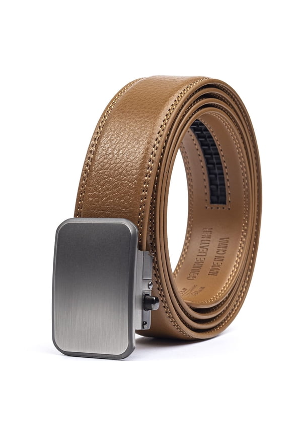 Men's Adjustable Ratchet Golf Belt | Genuine Leather Fits 24”-48” Waist | Easy-Click Stylish Alloy Buckle | Ideal for Golfers | Comfort & Elegant (Walnut Brown, Brushed Steel)