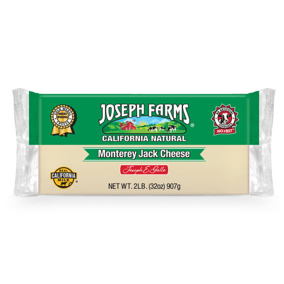Joseph Farms California Natural Monterey Jack Cheese Block, 32 oz (2 lb) - Mild Cheese for Slicing, Melting, and Recipes