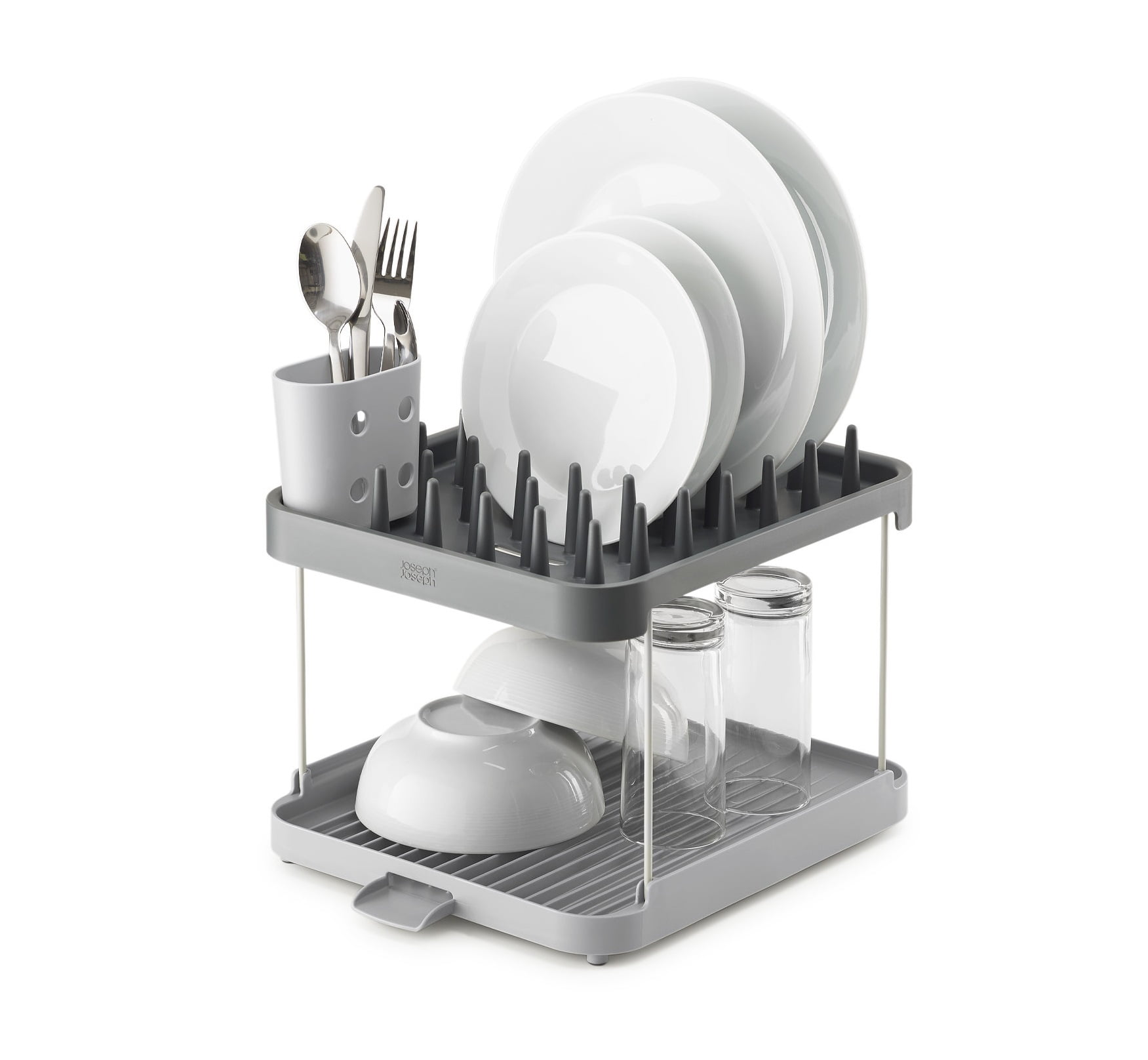 Expandable Gray 2-Tier Dish Rack with Utensil Cup