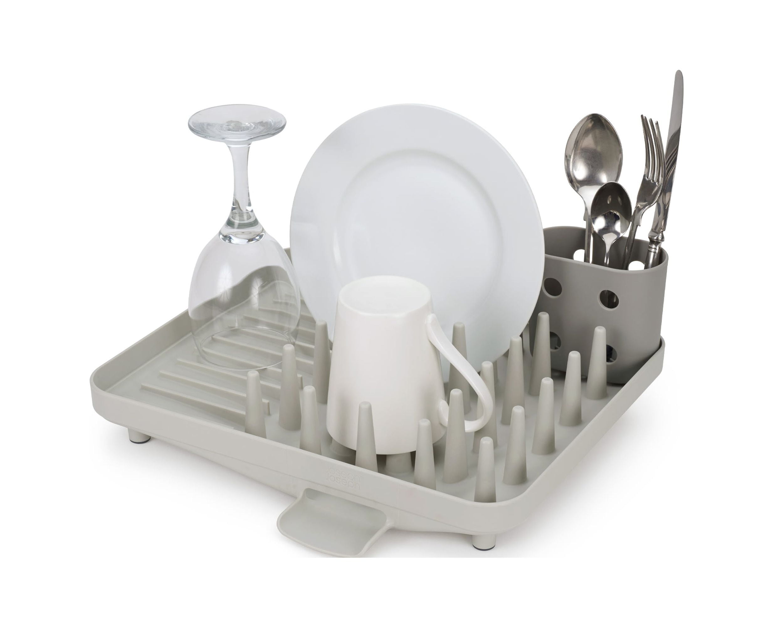 Compact Gray Plastic Dish Rack with Utensil Cup