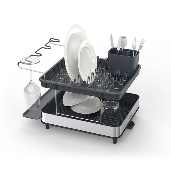 Joseph Joseph Excel Stainless Steel 2-Tier Dish Drying Rack with Wine Glass Holders