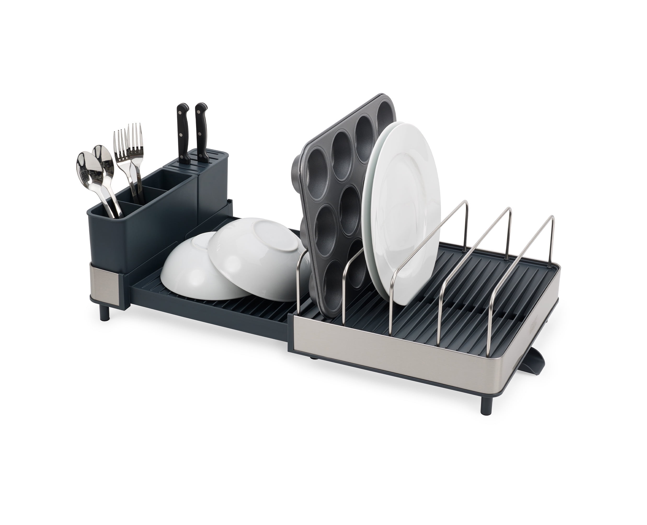 Steel Expanding Dish Rack with Utensil Cup and Draining Spout