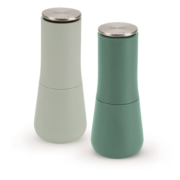Joseph Joseph Milltop Non-Spill Salt and Pepper Mill 2-piece Set, Refillable with Ceramic Grinder, Adjustable Grinding Size, Sage Green Y101