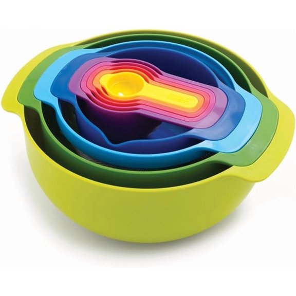 Joseph Joseph Nest 9 Plus, 9 Piece Compact Food Preparation Set with Mixing Bowls, Measuring cups, Sieve and Colander, MultiColor
