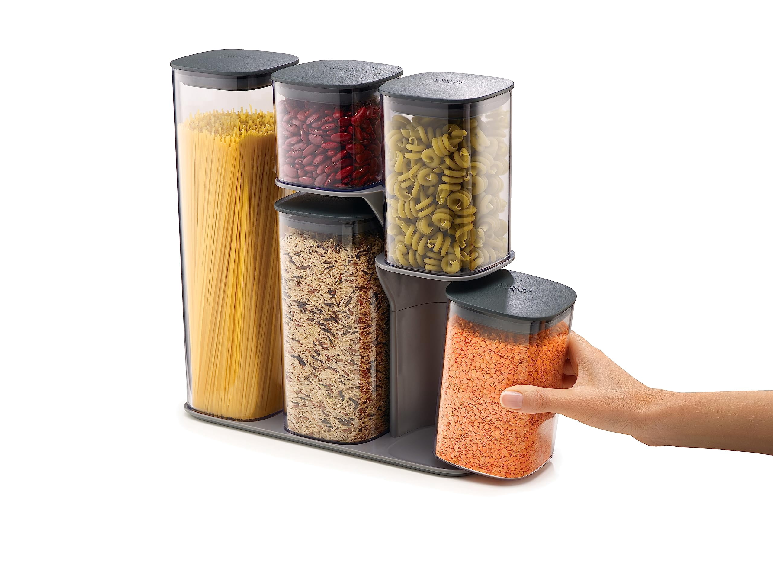 Joseph Joseph Podium 100 Dry Food Storage Containers – 5-Piece Glass Jar Set With Stand, Airtight Lids