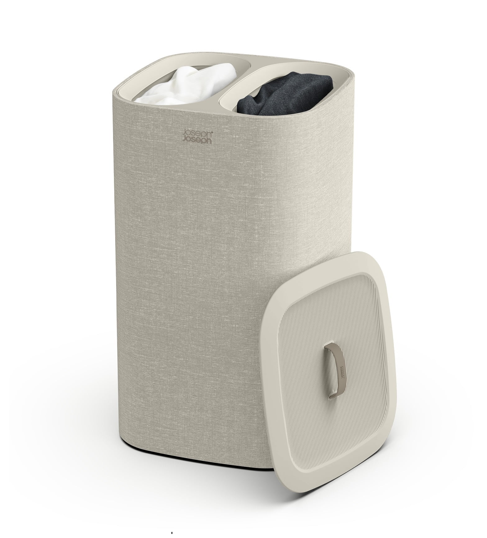 Beige Steel Dual Compartment Laundry Sorter with Lid
