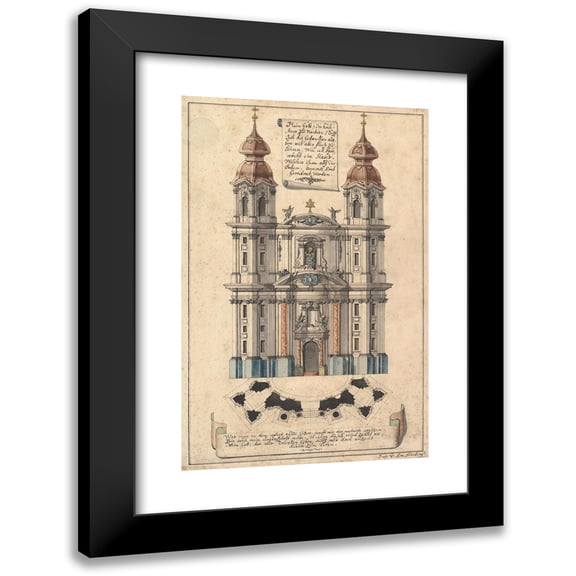 Joseph Kirnberger 17x24 Black Modern Framed Museum Art Print Titled - Baroque Church Facade with Obliquely Placed Towers (ca. 1760-70)