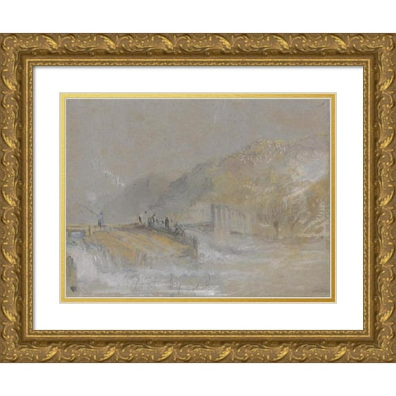 Joseph Mallord William Turner 14x11 Gold Ornate Wood Frame and Double Matted Museum Art Print Titled - Foul by God: River Landscape with Anglers Fishing from a Weir (ca. 1830)