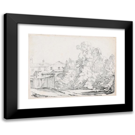Joseph-Marie Vien 14x11 Black Modern Framed Museum Art Print Titled - Trees Screening a House Built on Ancient Ruins (1744-1750)