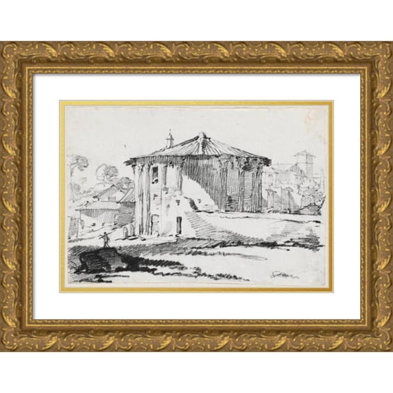 Joseph-Marie Vien 18x13 Gold Ornate Wood Frame and Double Matted Museum Art Print Titled - The Round Temple on the Piazza Bocca Della Truth, Rome (1744-1750)