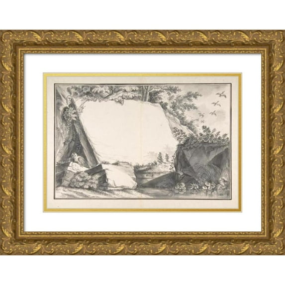 Joseph Martin Nideröst 18x14 Gold Ornate Wood Frame and Double Matted Museum Art Print Titled - Design for a Title Page; Rocks and Animals (Late 18th Century)