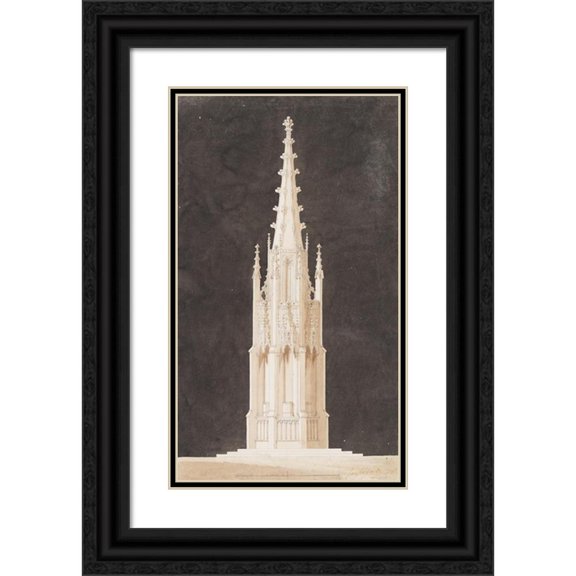 Joseph Michael Gandy 16x24 Black Ornate Framed Double Matted Museum Art Print Titled: Spired Gothic Monument (1797)
