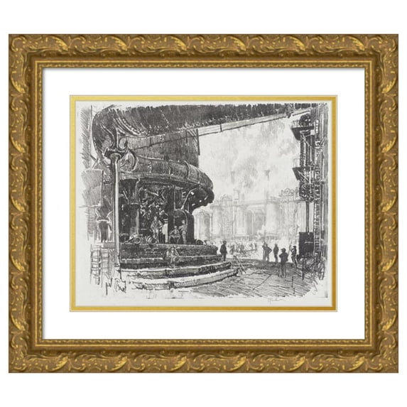 Joseph Pennell 18x15 Gold Ornate Wood Frame and Double Matted Museum Art Print Titled - Making Pig Iron; the Base of the Blast Furnaces (1916)