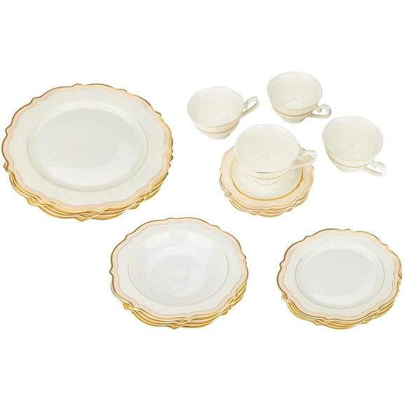 Joseph Seigh, 6664-20, Bone Porcelain Dinnerware Set w/ Scalloped Curved Rim, Elegant Dinner Set, Dinner Plates, Soup Plates, Flat Plates, Tea Cups, Saucers, Set of 4
