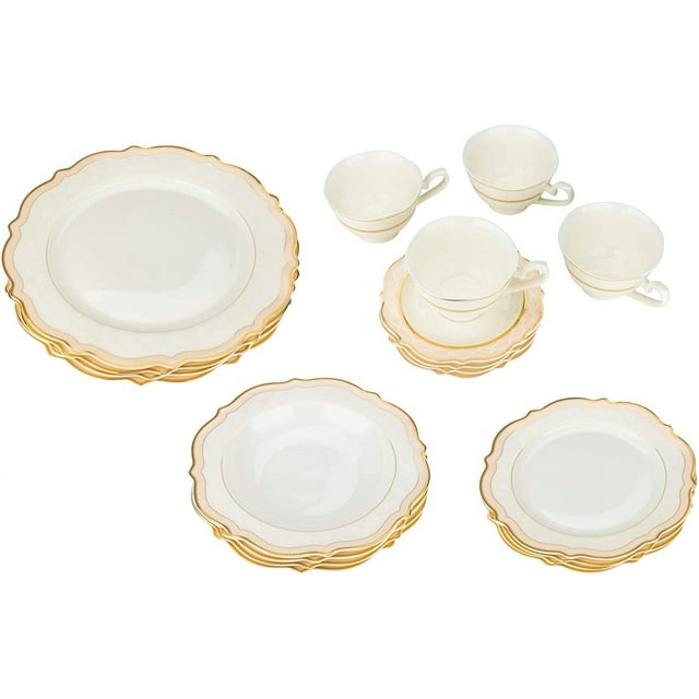 Joseph Seigh, Bone Porcelain Dinnerware Set w/Scalloped Curved Rim, Elegant Dinner Set, Dinner Plates, Soup Plates, Flat Plates, Tea Cups, Saucers, Set of
