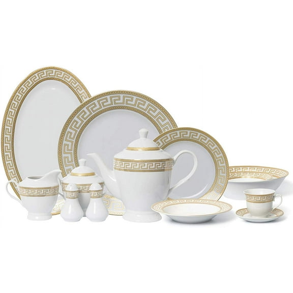 Joseph Seigh G1347-57G, 57-PCs Bone Porcelain Dinnerware Set, Antique Greek Designed Tableware Set, Dining Table Setting for 8, Set of 57