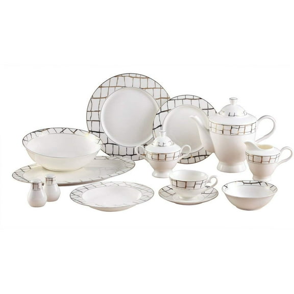 Joseph Seigh GPLUXGOLD-57, 57-PCs Fine Porcelain Dinnerware Set, Novelty Abstract Designed Tableware Set, Dining Table Setting for 8, Set of 57