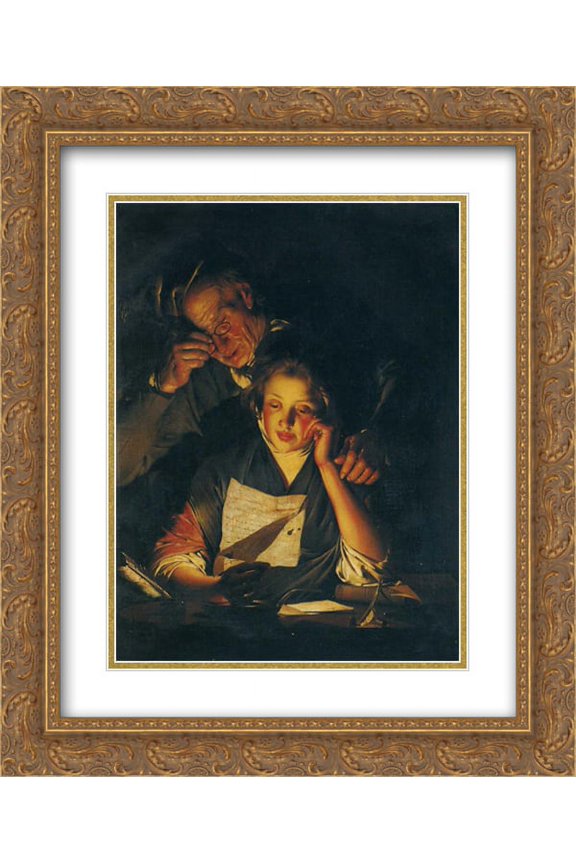 Joseph Wright 2x Matted 20x24 Gold Ornate Framed Art Print 'A Girl reading a Letter, with an Old Man reading over her shoulder'